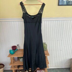 Bebe L Y2K Black Maxi slip Dress Lace Straps & Embroidered Neckline